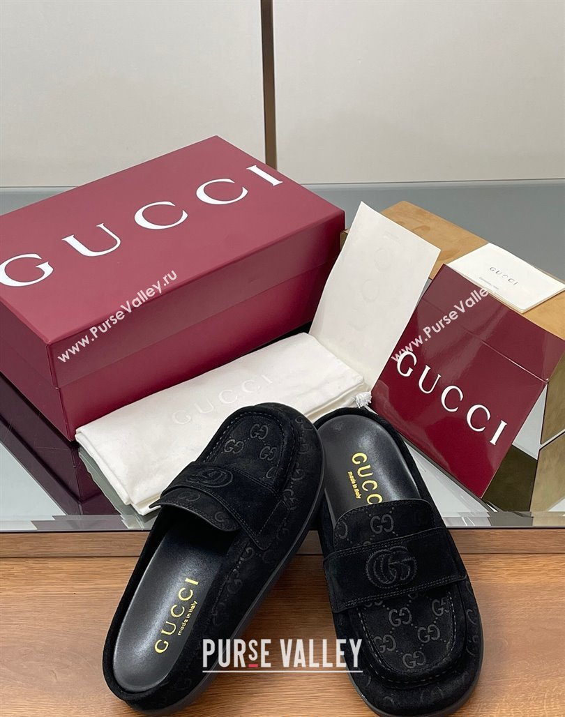 Gucci GG Suede Flat Mules with Double G Black 2025 ‎817468 (MD-250423109)