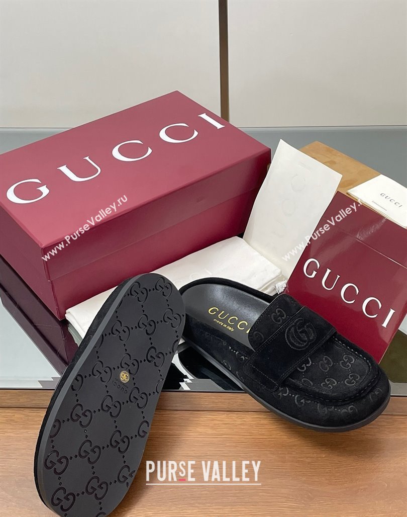 Gucci GG Suede Flat Mules with Double G Black 2025 ‎817468 (MD-250423109)