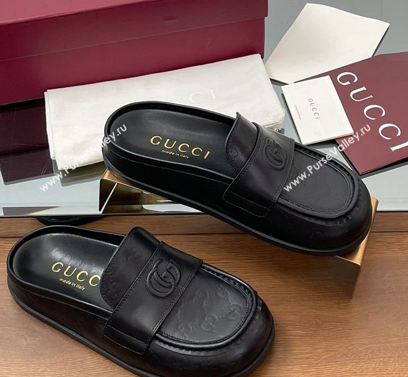 Gucci GG Leather Flat Mules with Double G Black 2025 ‎817468 (MD-250423110)