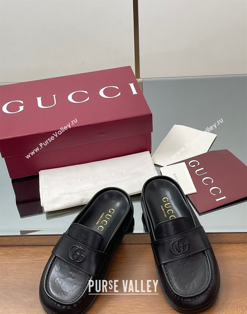 Gucci GG Leather Flat Mules with Double G Black 2025 ‎817468 (MD-250423110)