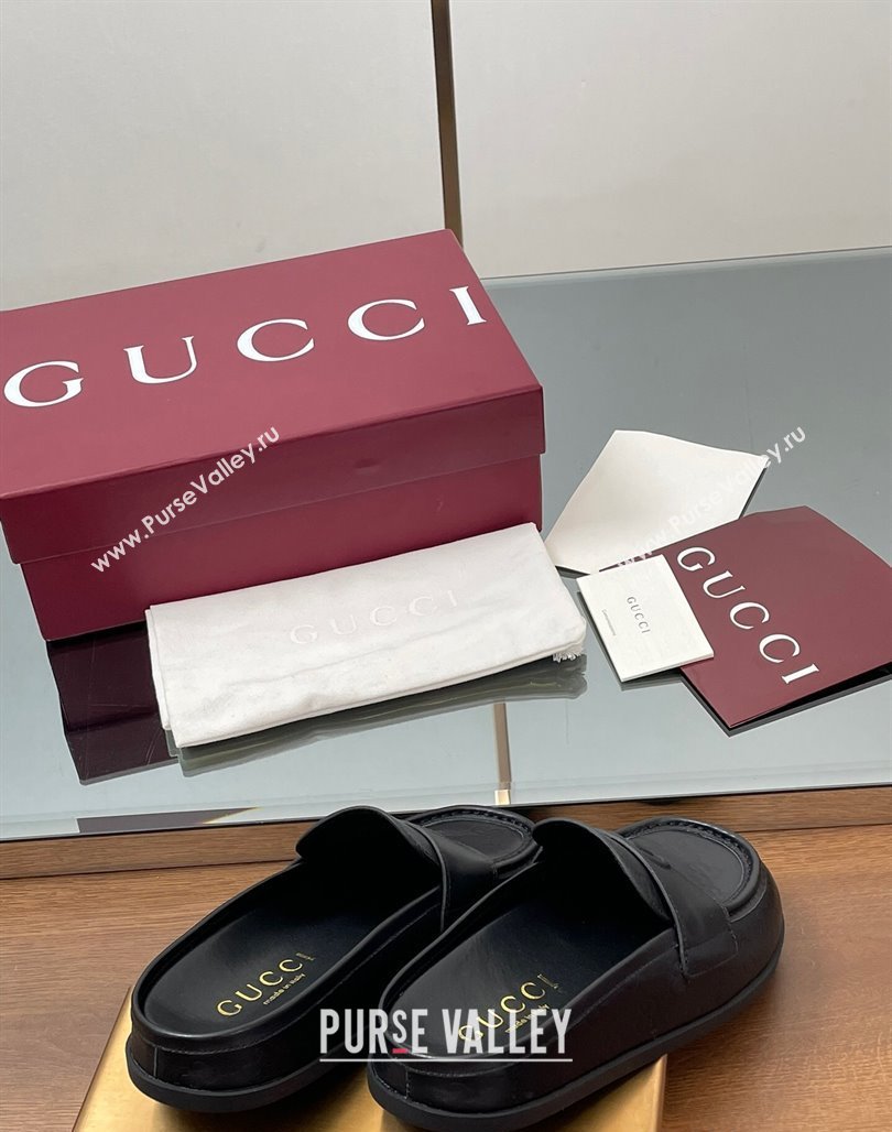 Gucci GG Leather Flat Mules with Double G Black 2025 ‎817468 (MD-250423110)