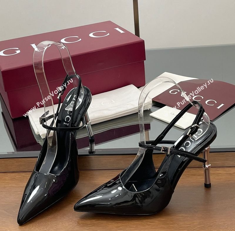 Gucci Patent Leather Slingback Pump 9.5cm with Bamboo-Effect Heel Black 2025 812998 (MD-250423005)