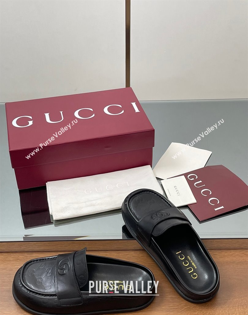 Gucci GG Leather Flat Mules with Double G Black 2025 ‎817468 (MD-250423110)
