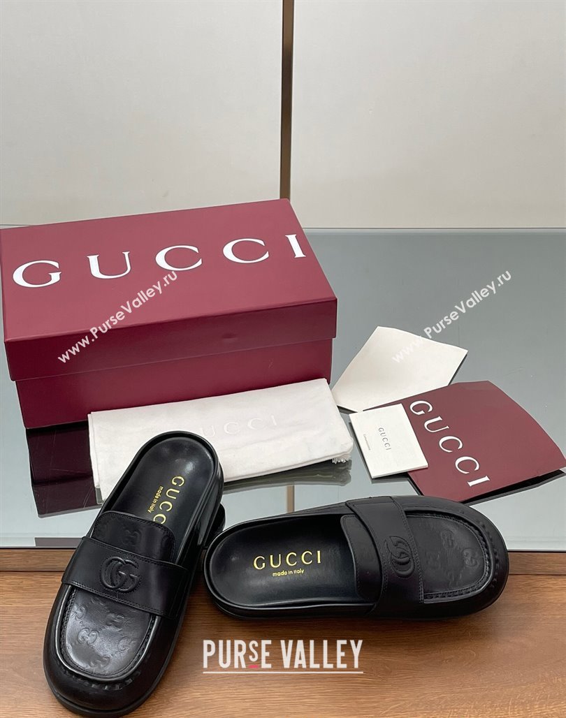 Gucci GG Leather Flat Mules with Double G Black 2025 ‎817468 (MD-250423110)