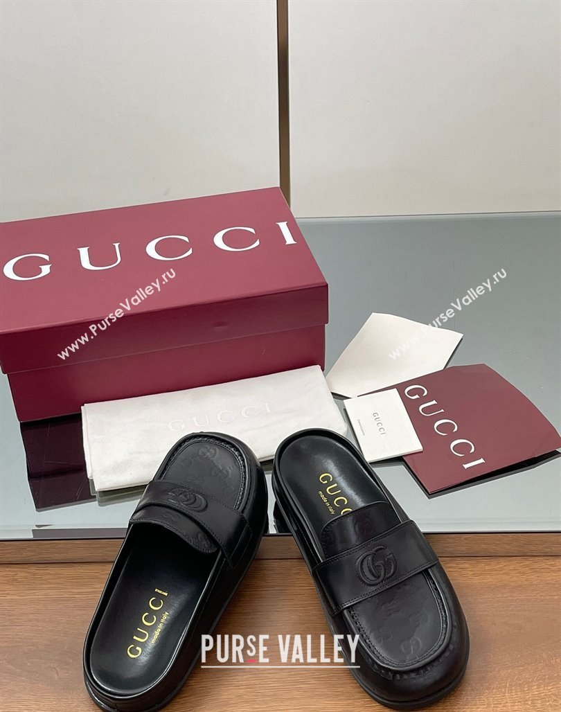 Gucci GG Leather Flat Mules with Double G Black 2025 ‎817468 (MD-250423110)