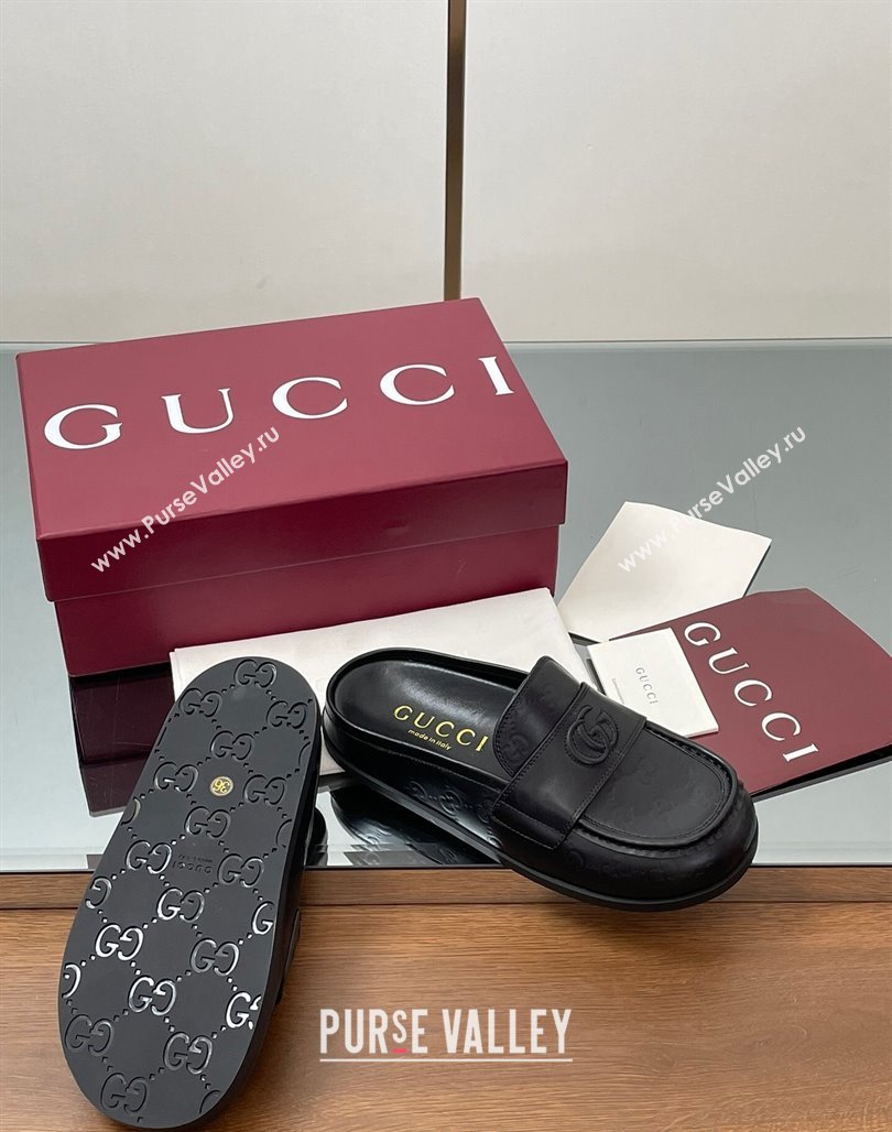 Gucci GG Leather Flat Mules with Double G Black 2025 ‎817468 (MD-250423110)