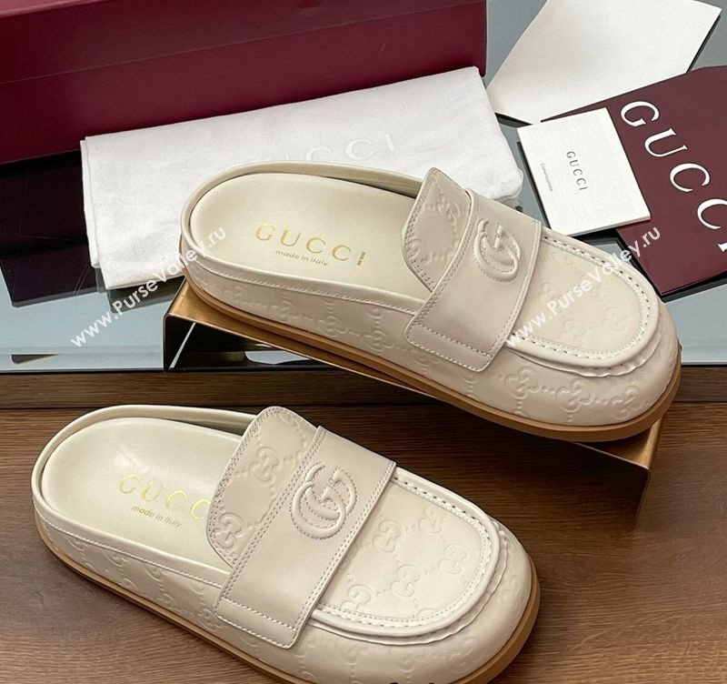 Gucci GG Leather Flat Mules with Double G White 2025 ‎817468 (MD-250423111)