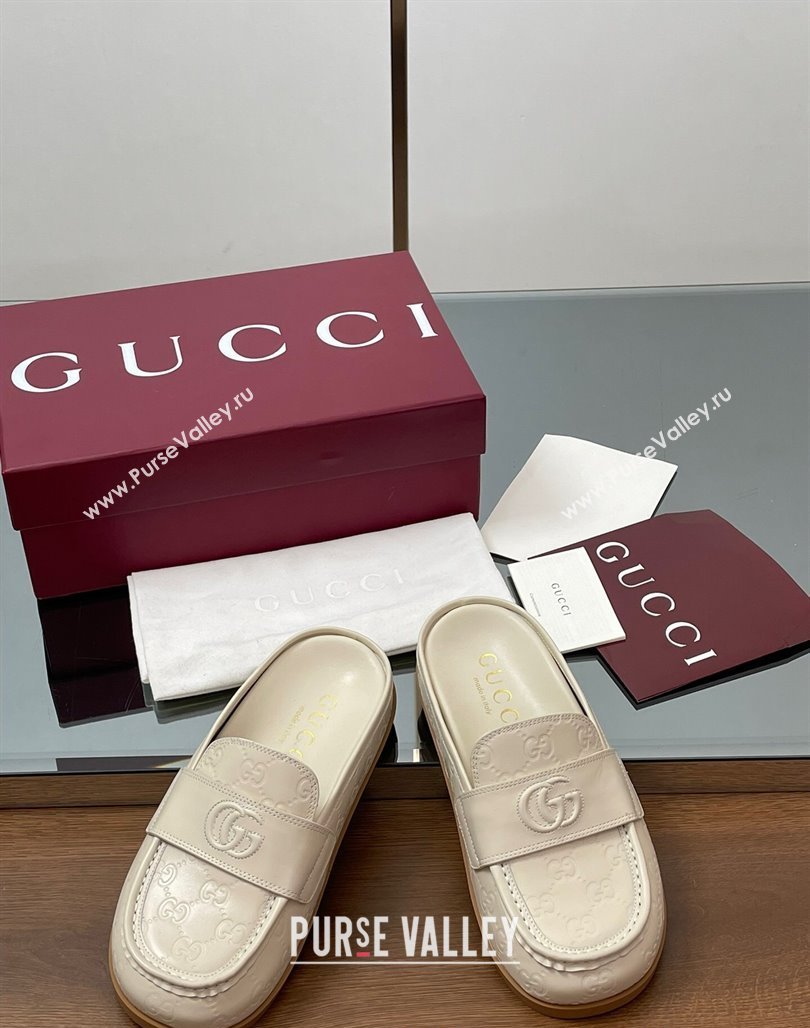 Gucci GG Leather Flat Mules with Double G White 2025 ‎817468 (MD-250423111)