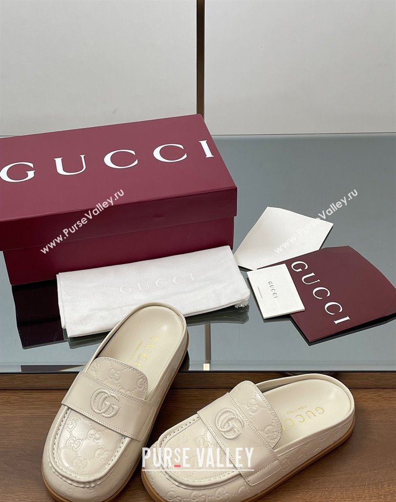 Gucci GG Leather Flat Mules with Double G White 2025 ‎817468 (MD-250423111)
