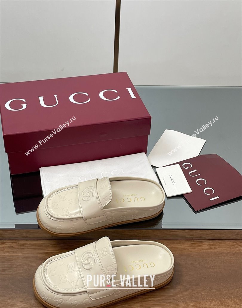 Gucci GG Leather Flat Mules with Double G White 2025 ‎817468 (MD-250423111)