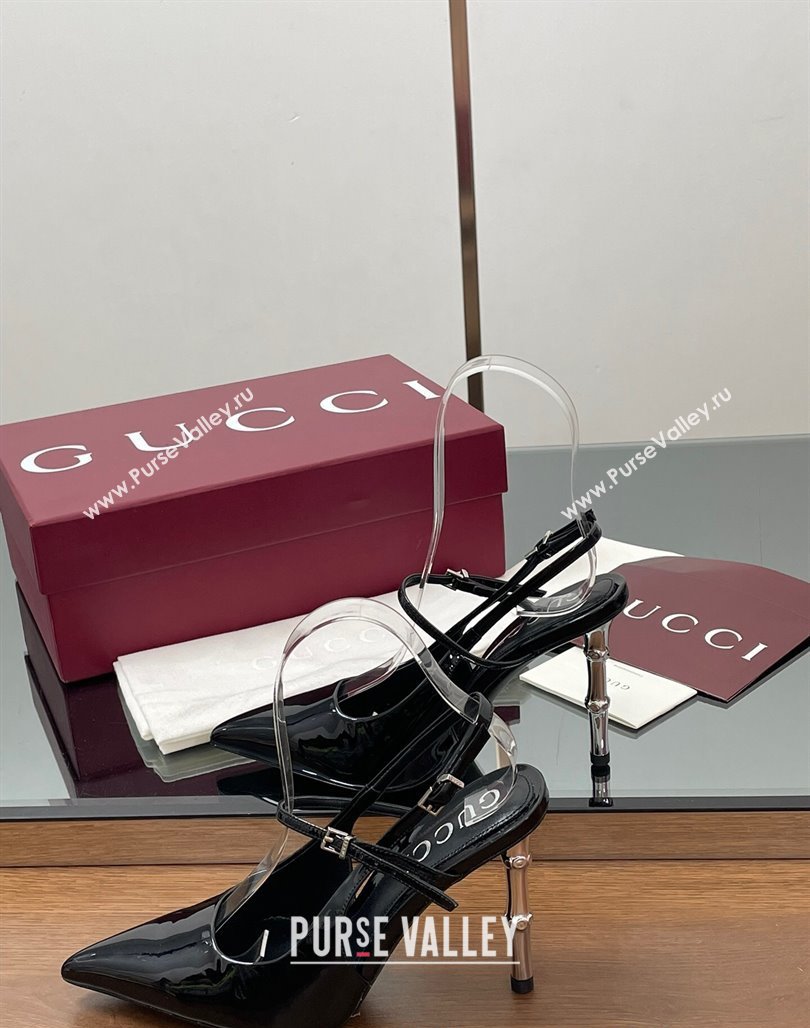 Gucci Patent Leather Slingback Pump 9.5cm with Bamboo-Effect Heel Black 2025 812998 (MD-250423005)