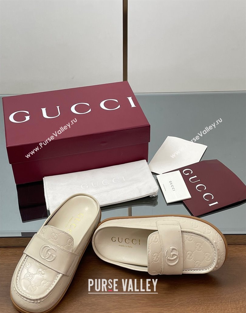 Gucci GG Leather Flat Mules with Double G White 2025 ‎817468 (MD-250423111)