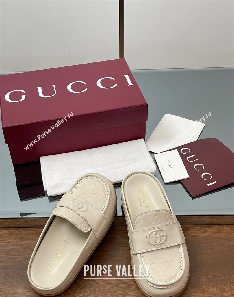 Gucci GG Leather Flat Mules with Double G White 2025 ‎817468 (MD-250423111)