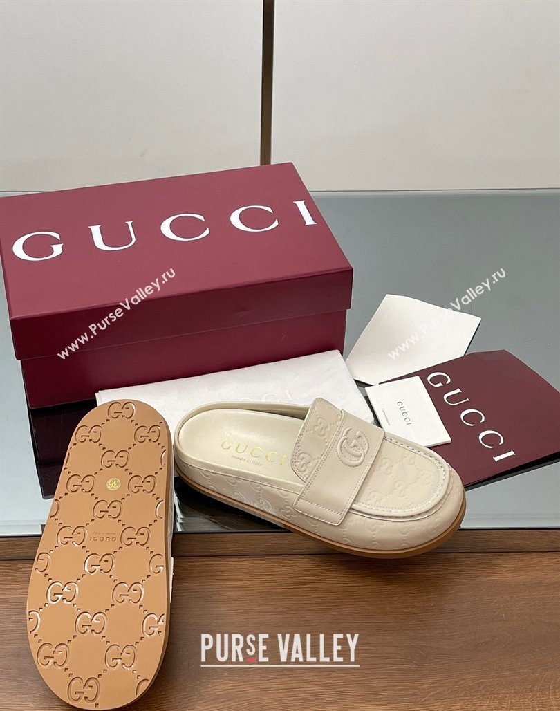 Gucci GG Leather Flat Mules with Double G White 2025 ‎817468 (MD-250423111)