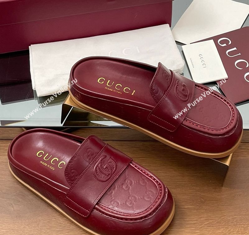 Gucci GG Leather Flat Mules with Double G Burgundy 2025 ‎817468 (MD-250423112)