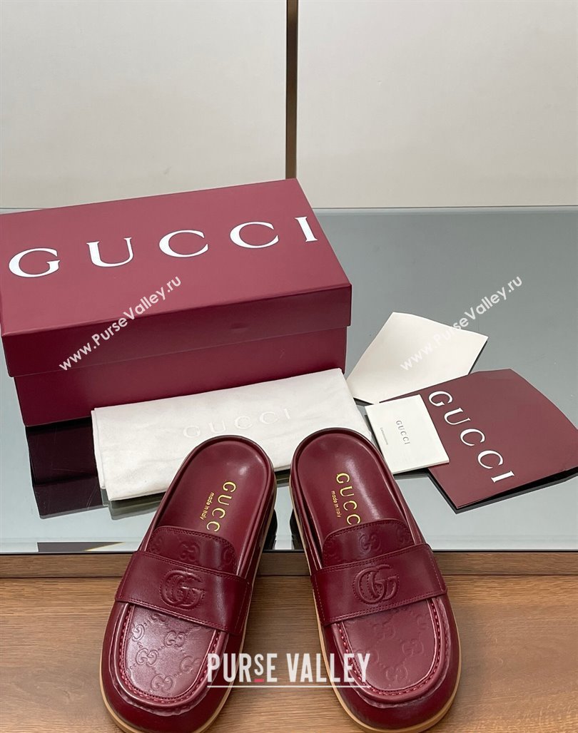 Gucci GG Leather Flat Mules with Double G Burgundy 2025 ‎817468 (MD-250423112)