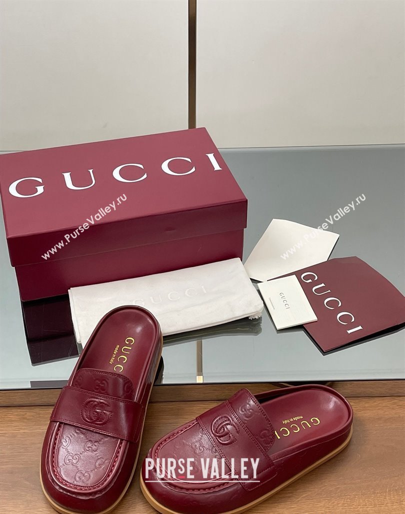 Gucci GG Leather Flat Mules with Double G Burgundy 2025 ‎817468 (MD-250423112)