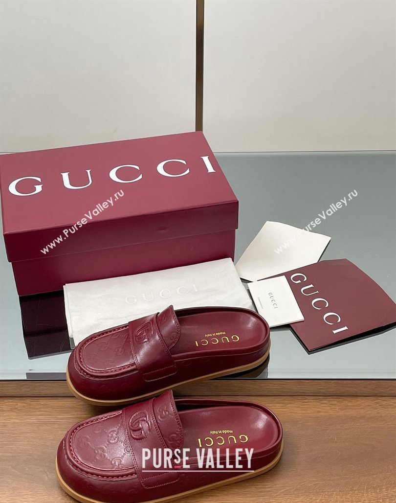 Gucci GG Leather Flat Mules with Double G Burgundy 2025 ‎817468 (MD-250423112)