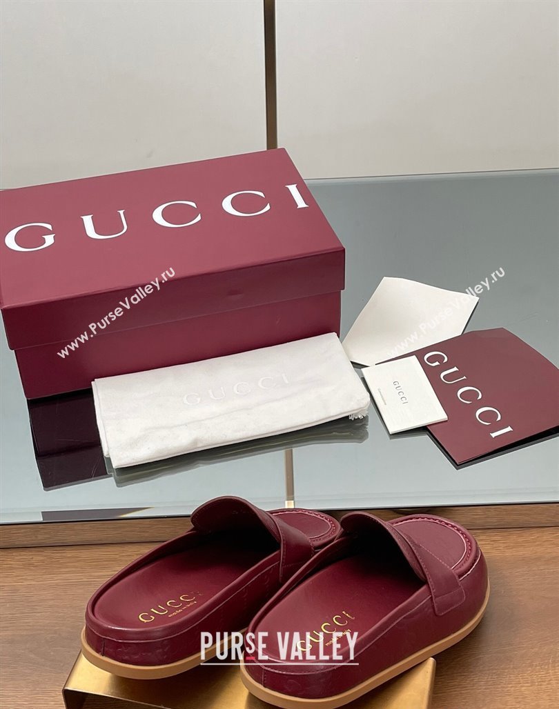 Gucci GG Leather Flat Mules with Double G Burgundy 2025 ‎817468 (MD-250423112)