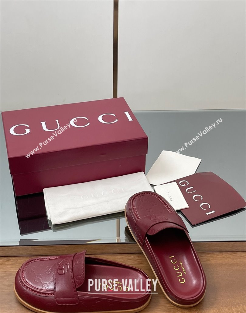 Gucci GG Leather Flat Mules with Double G Burgundy 2025 ‎817468 (MD-250423112)