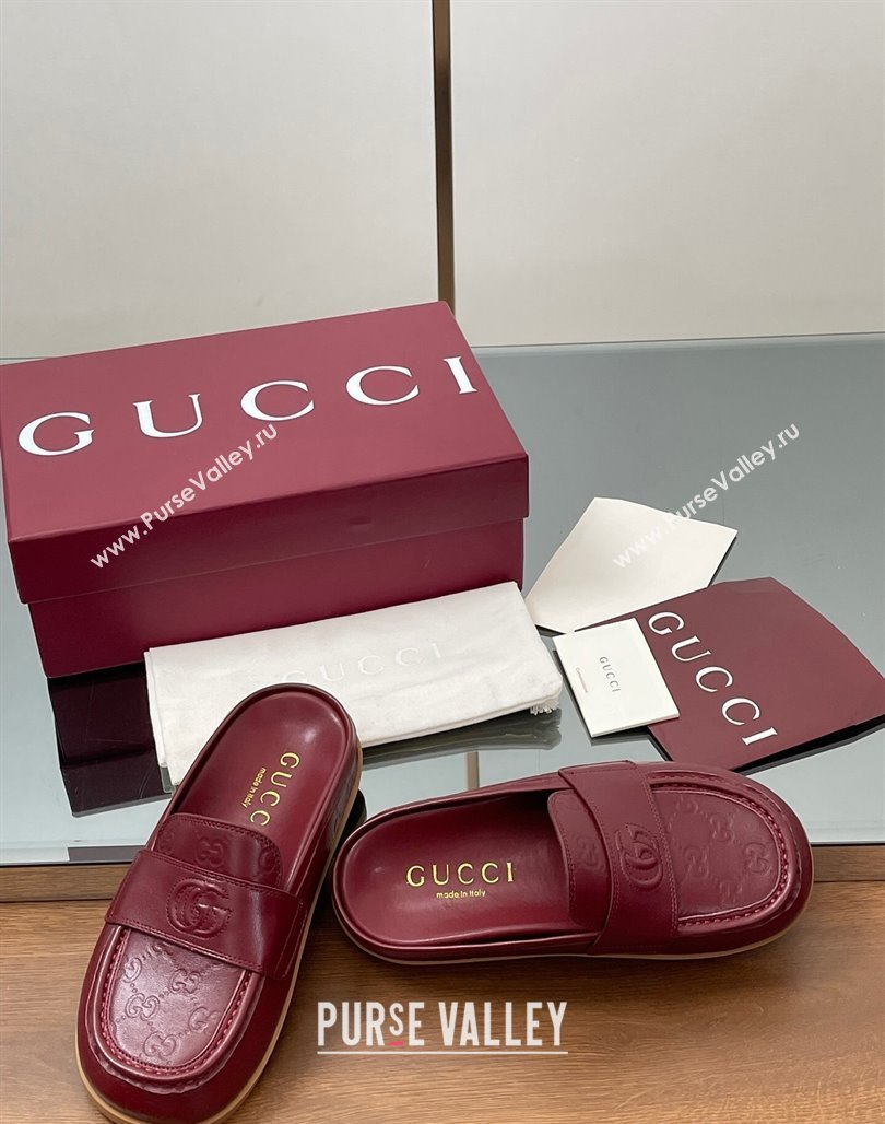 Gucci GG Leather Flat Mules with Double G Burgundy 2025 ‎817468 (MD-250423112)