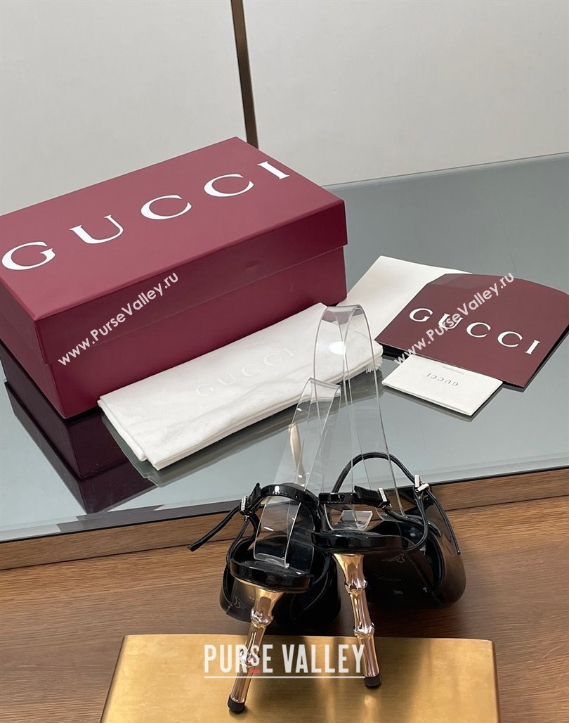 Gucci Patent Leather Slingback Pump 9.5cm with Bamboo-Effect Heel Black 2025 812998 (MD-250423005)