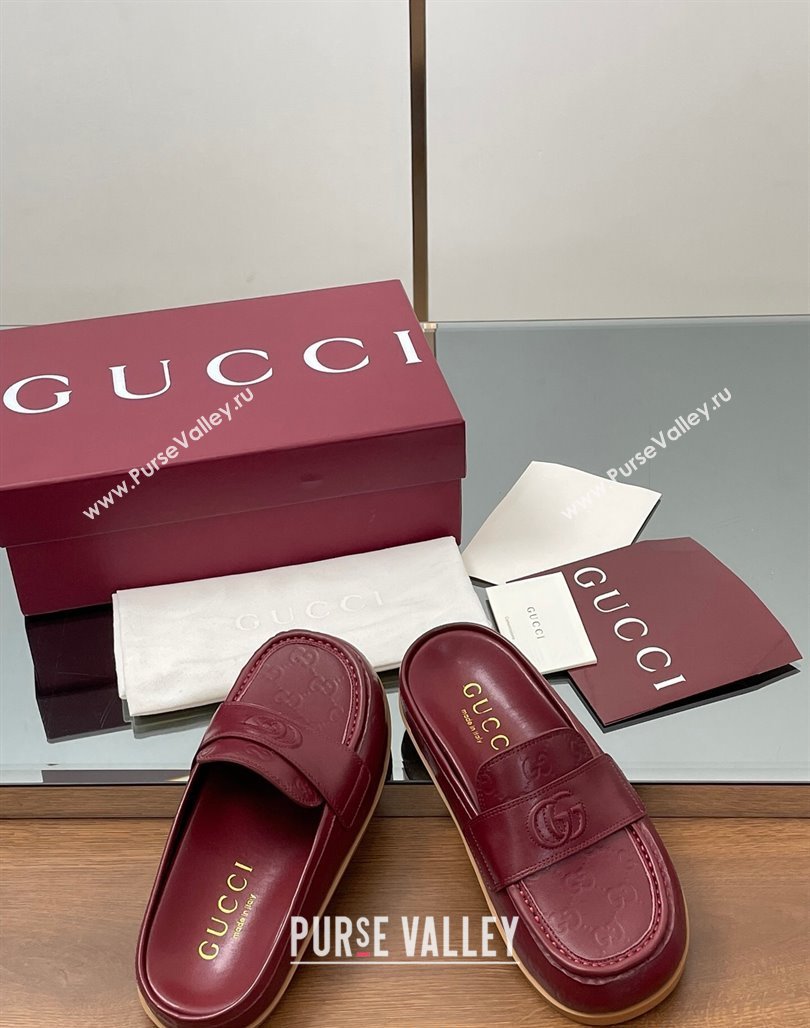 Gucci GG Leather Flat Mules with Double G Burgundy 2025 ‎817468 (MD-250423112)