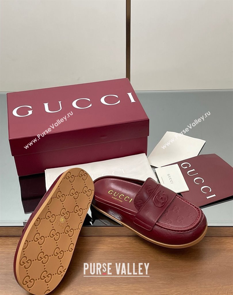 Gucci GG Leather Flat Mules with Double G Burgundy 2025 ‎817468 (MD-250423112)