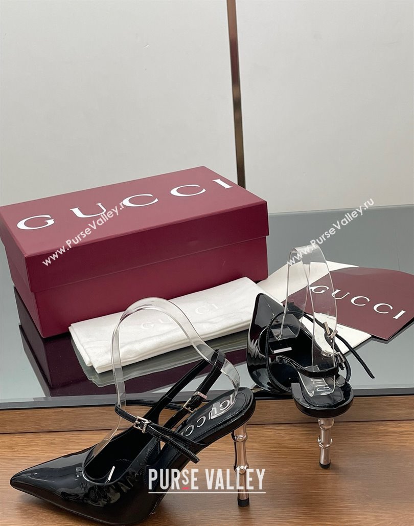 Gucci Patent Leather Slingback Pump 9.5cm with Bamboo-Effect Heel Black 2025 812998 (MD-250423005)