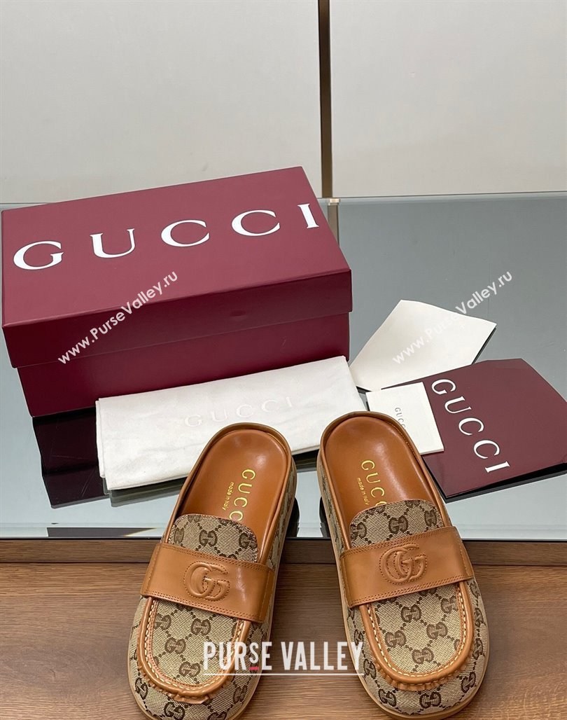 Gucci GG Canvas Flat Mules with Double G Beige 2025 ‎817468 (MD-250423114)