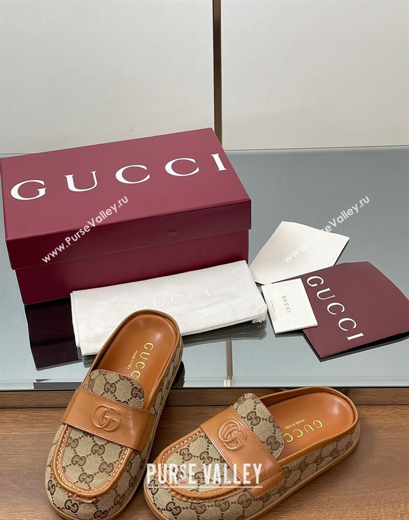 Gucci GG Canvas Flat Mules with Double G Beige 2025 ‎817468 (MD-250423114)