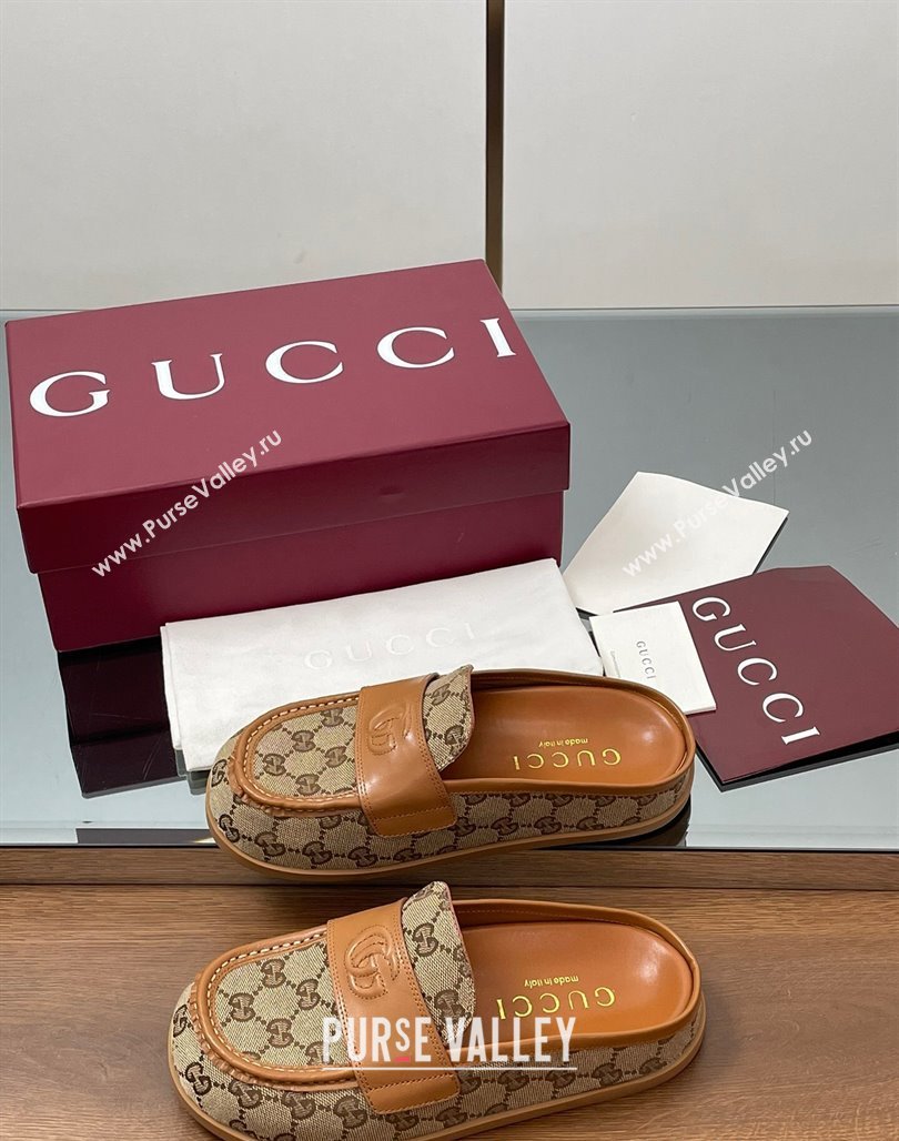 Gucci GG Canvas Flat Mules with Double G Beige 2025 ‎817468 (MD-250423114)