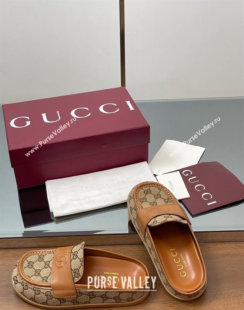 Gucci GG Canvas Flat Mules with Double G Beige 2025 ‎817468 (MD-250423114)