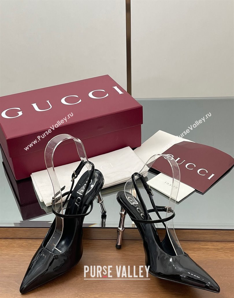 Gucci Patent Leather Slingback Pump 9.5cm with Bamboo-Effect Heel Black 2025 812998 (MD-250423005)