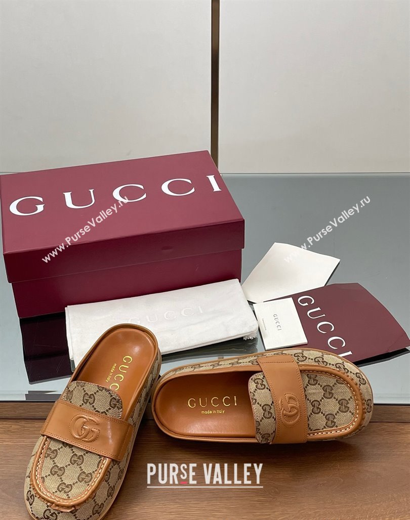 Gucci GG Canvas Flat Mules with Double G Beige 2025 ‎817468 (MD-250423114)