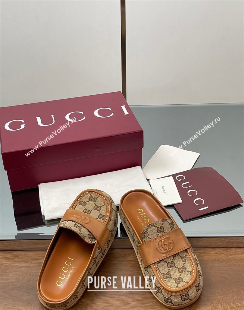 Gucci GG Canvas Flat Mules with Double G Beige 2025 ‎817468 (MD-250423114)