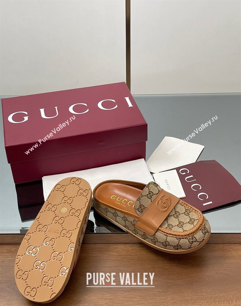 Gucci GG Canvas Flat Mules with Double G Beige 2025 ‎817468 (MD-250423114)