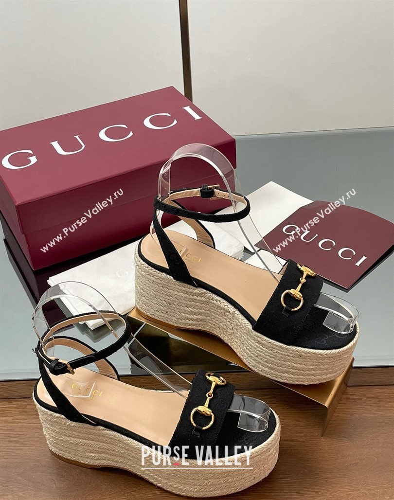Gucci GG Canvas Platform Espadrille Sandals 8cm with Horsebit Black 2025 ‎816692 (MD-250423115)