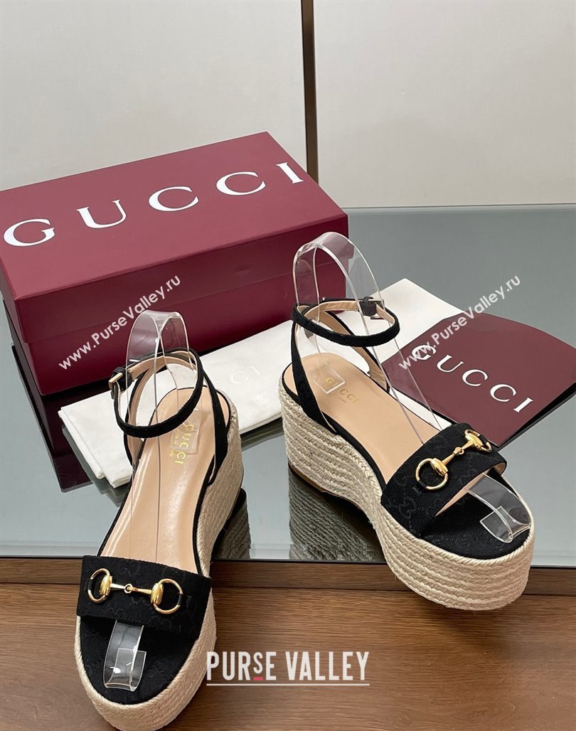Gucci GG Canvas Platform Espadrille Sandals 8cm with Horsebit Black 2025 ‎816692 (MD-250423115)