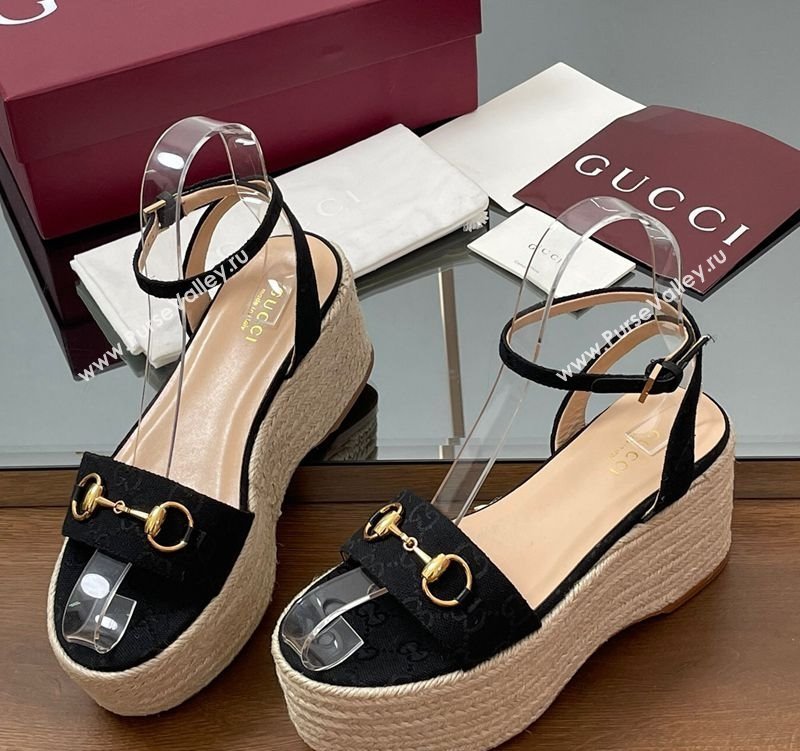 Gucci GG Canvas Platform Espadrille Sandals 8cm with Horsebit Black 2025 ‎816692 (MD-250423115)