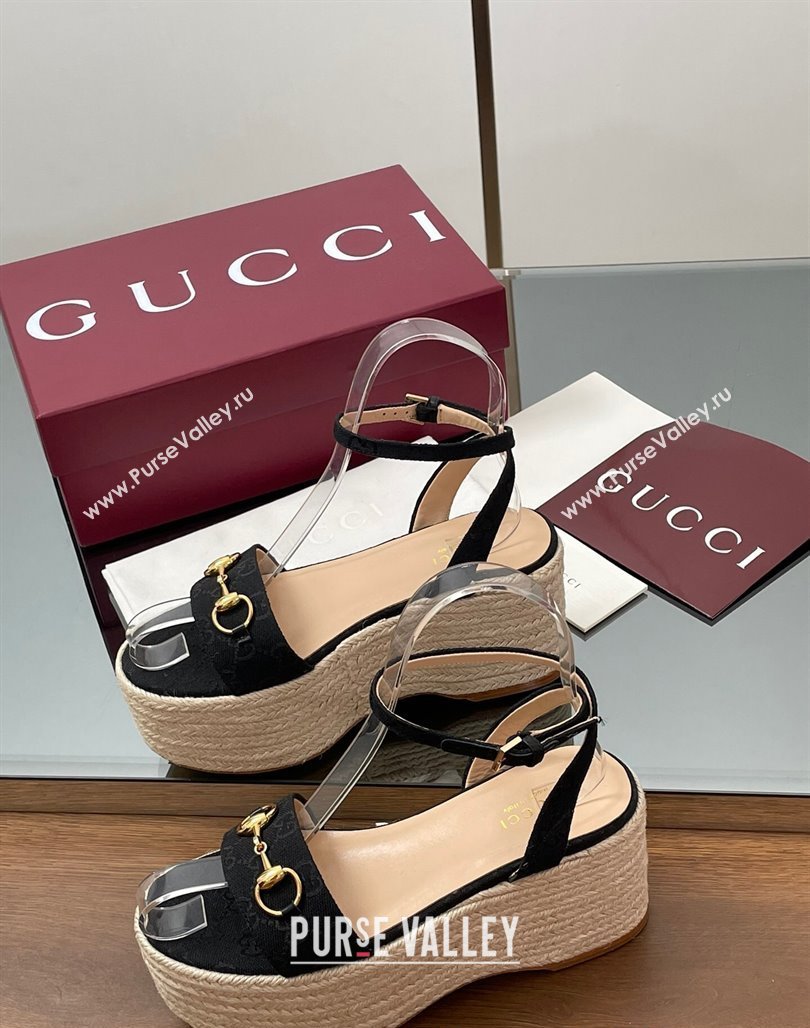 Gucci GG Canvas Platform Espadrille Sandals 8cm with Horsebit Black 2025 ‎816692 (MD-250423115)