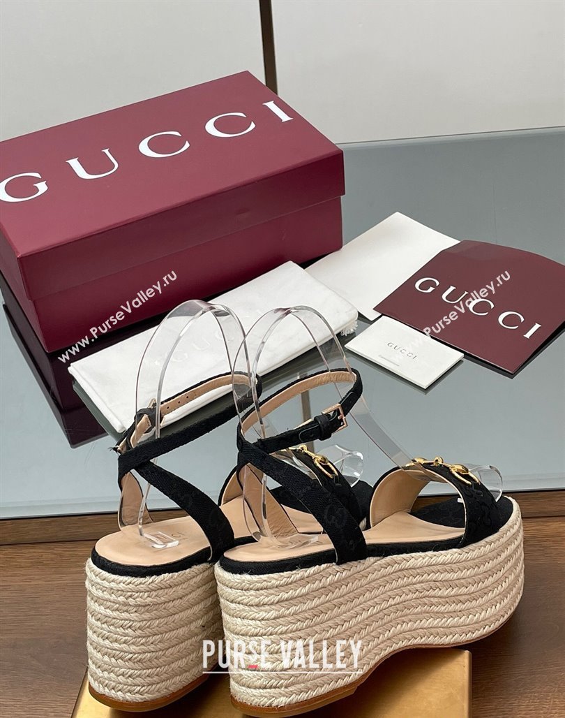 Gucci GG Canvas Platform Espadrille Sandals 8cm with Horsebit Black 2025 ‎816692 (MD-250423115)
