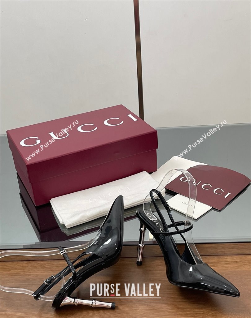 Gucci Patent Leather Slingback Pump 9.5cm with Bamboo-Effect Heel Black 2025 812998 (MD-250423005)