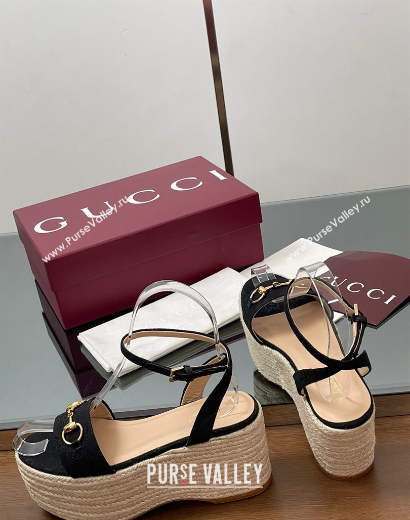 Gucci GG Canvas Platform Espadrille Sandals 8cm with Horsebit Black 2025 ‎816692 (MD-250423115)