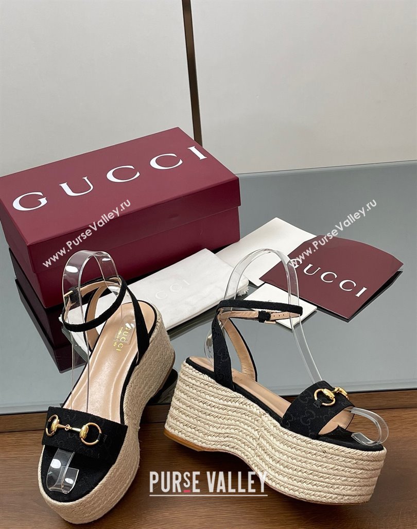 Gucci GG Canvas Platform Espadrille Sandals 8cm with Horsebit Black 2025 ‎816692 (MD-250423115)