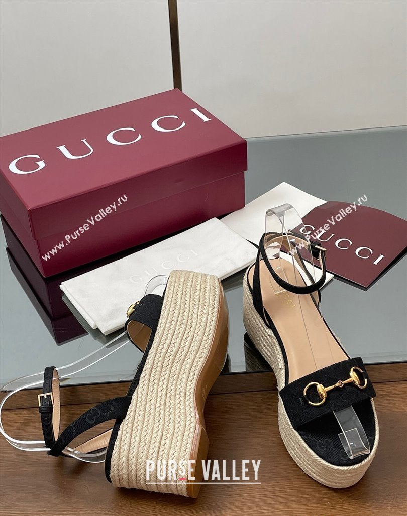 Gucci GG Canvas Platform Espadrille Sandals 8cm with Horsebit Black 2025 ‎816692 (MD-250423115)