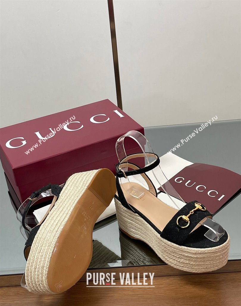 Gucci GG Canvas Platform Espadrille Sandals 8cm with Horsebit Black 2025 ‎816692 (MD-250423115)