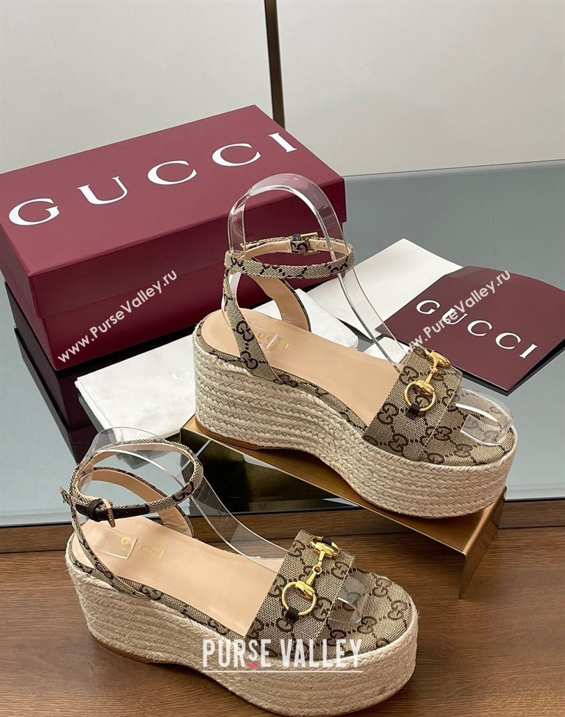 Gucci GG Canvas Platform Espadrille Sandals 8cm with Horsebit Beige 2025 ‎816692 (MD-250423116)