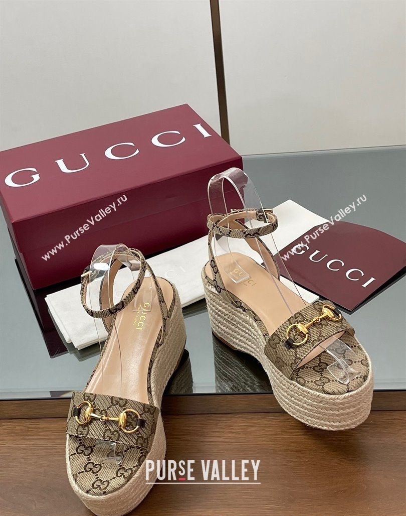 Gucci GG Canvas Platform Espadrille Sandals 8cm with Horsebit Beige 2025 ‎816692 (MD-250423116)