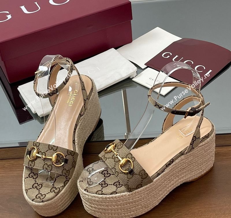 Gucci GG Canvas Platform Espadrille Sandals 8cm with Horsebit Beige 2025 ‎816692 (MD-250423116)